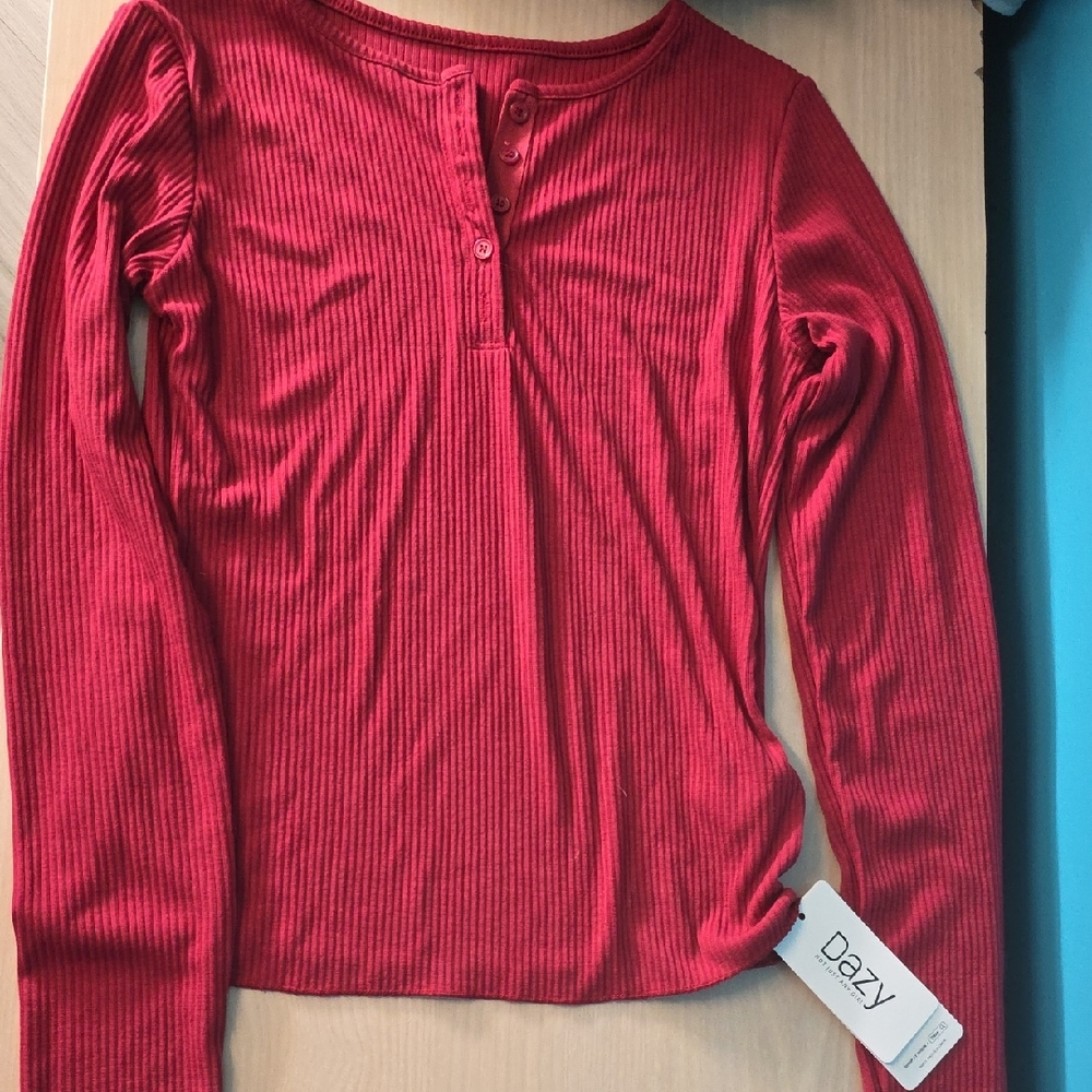 Dazy Red Ribbed Button Top